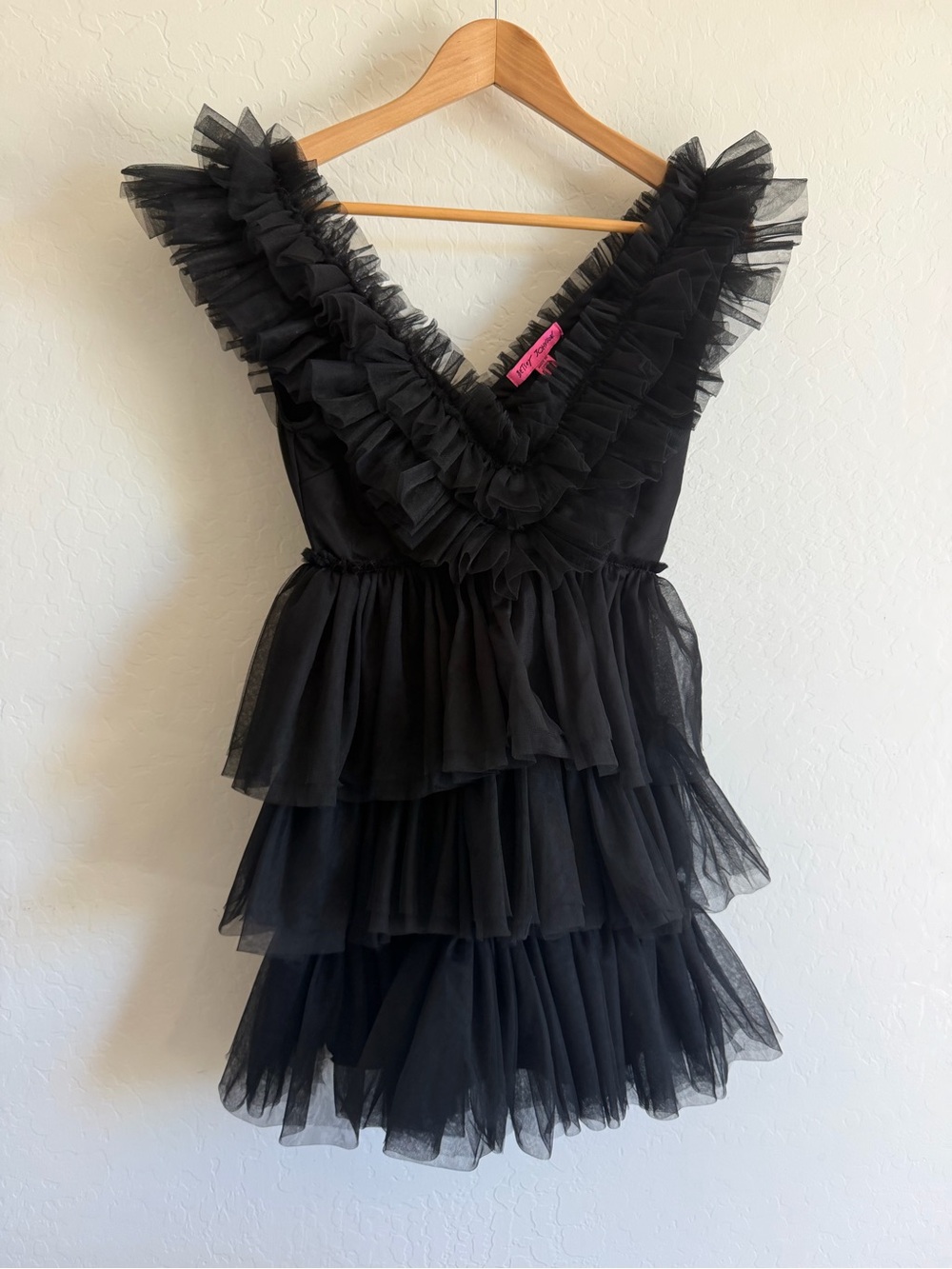 Betsey Johnson Black Tiers of Joy Ruffle Tulle V-Neck Mini Dress XS